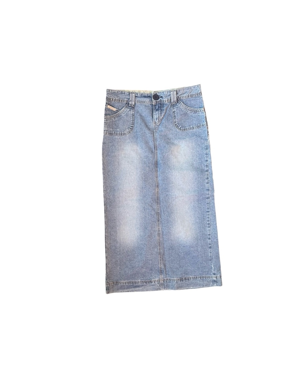 Y2k Hydraulic Women's 9/10 Denim Skirt Long Back Slit Thick Stitch Blue Jean